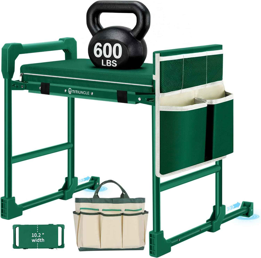 Garden Kneeler and Seat Heavy Duty 600LBS w/ Thicken Wide Soft Kneeling Pad | Foldable Garden Bench Kneeler Anti-Tip Gardening Stool, Tool Pouch Bag|Extendable Legs, Gifts for Seniors Gardeners Women Men