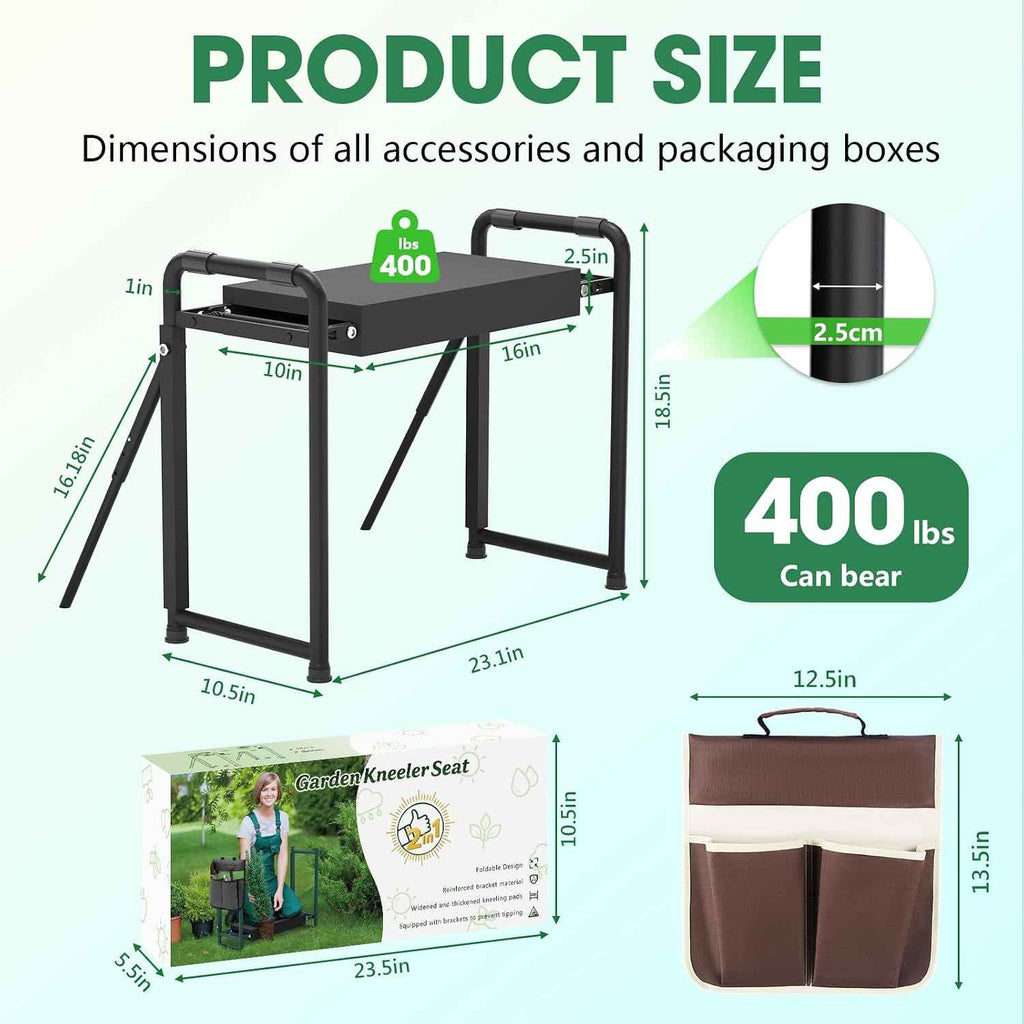 Heavy Duty Garden Kneeler & Seat with Support Legs, 400lbs Capacity Foldable Gardening Stool, Extra Thick Pad & Large Tool Organizer Bag, Ergonomic for Seniors - Dark Black