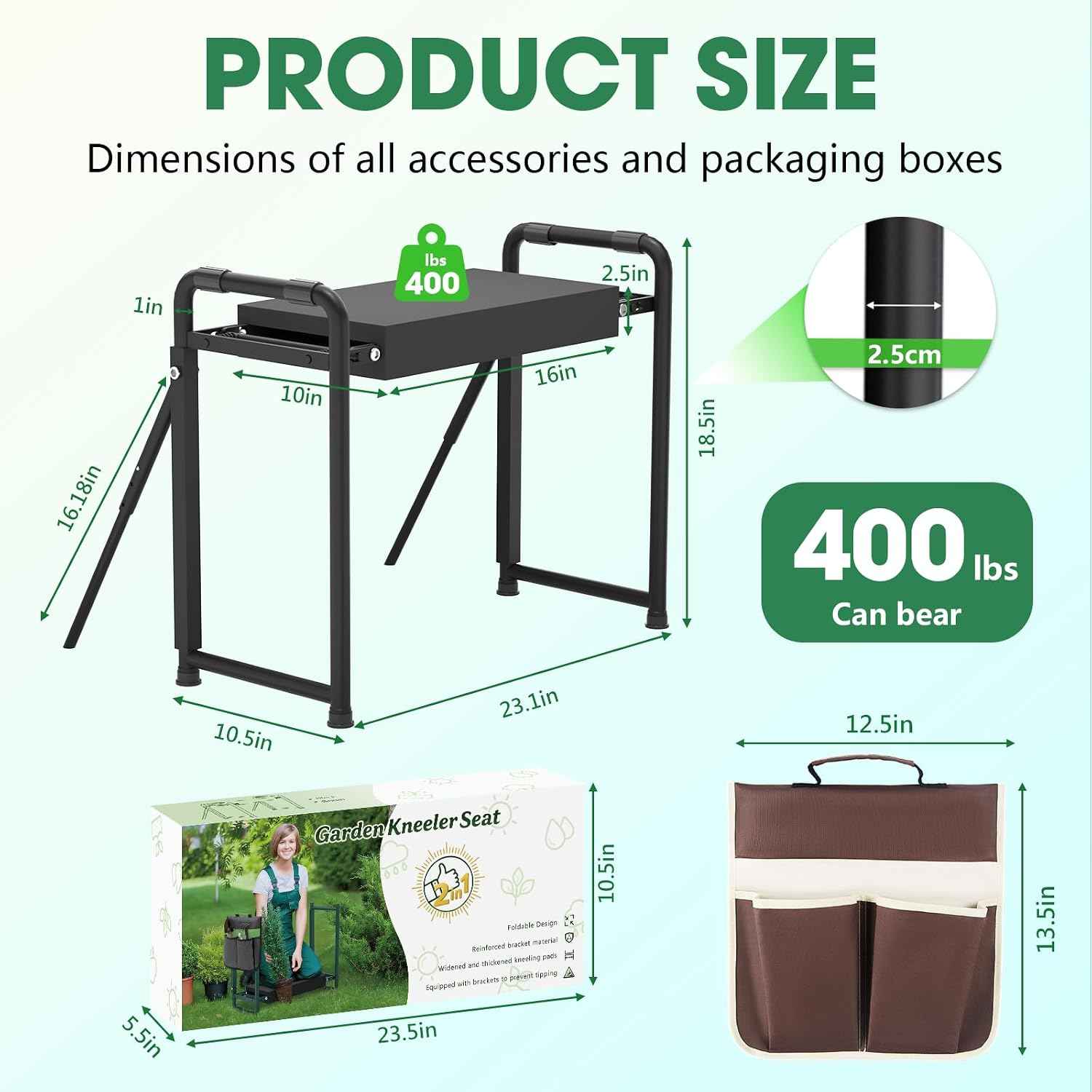 Heavy Duty Garden Kneeler & Seat with Support Legs, 400lbs Capacity Foldable Gardening Stool, Extra Thick Pad & Large Tool Organizer Bag, Ergonomic for Seniors - Dark Black