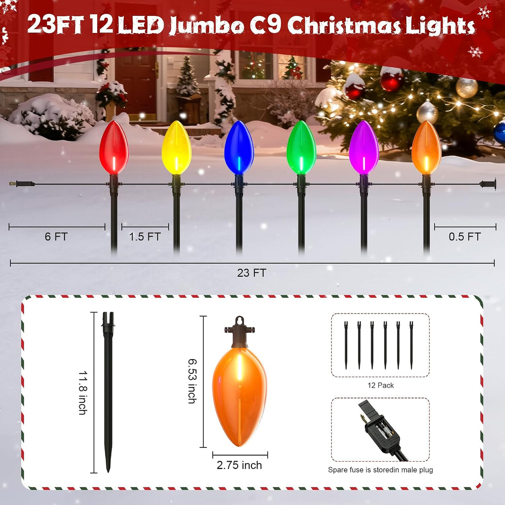 Outdoor Jumbo C9 Christmas Pathway Lights, 23FT Connectable Walkway Lights with 12 Multicolor LED Bulbs for Driveway Yard Lawn Garden