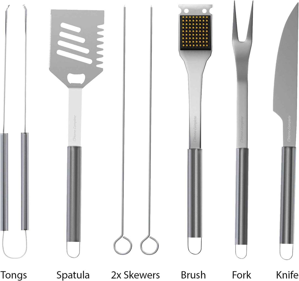 7-Piece Stainless-Steel BBQ Cooking Utensils Set - Barbecue Grill Accessories with Aluminum Portable Handled Storage Case by Home-Complete (Silver)