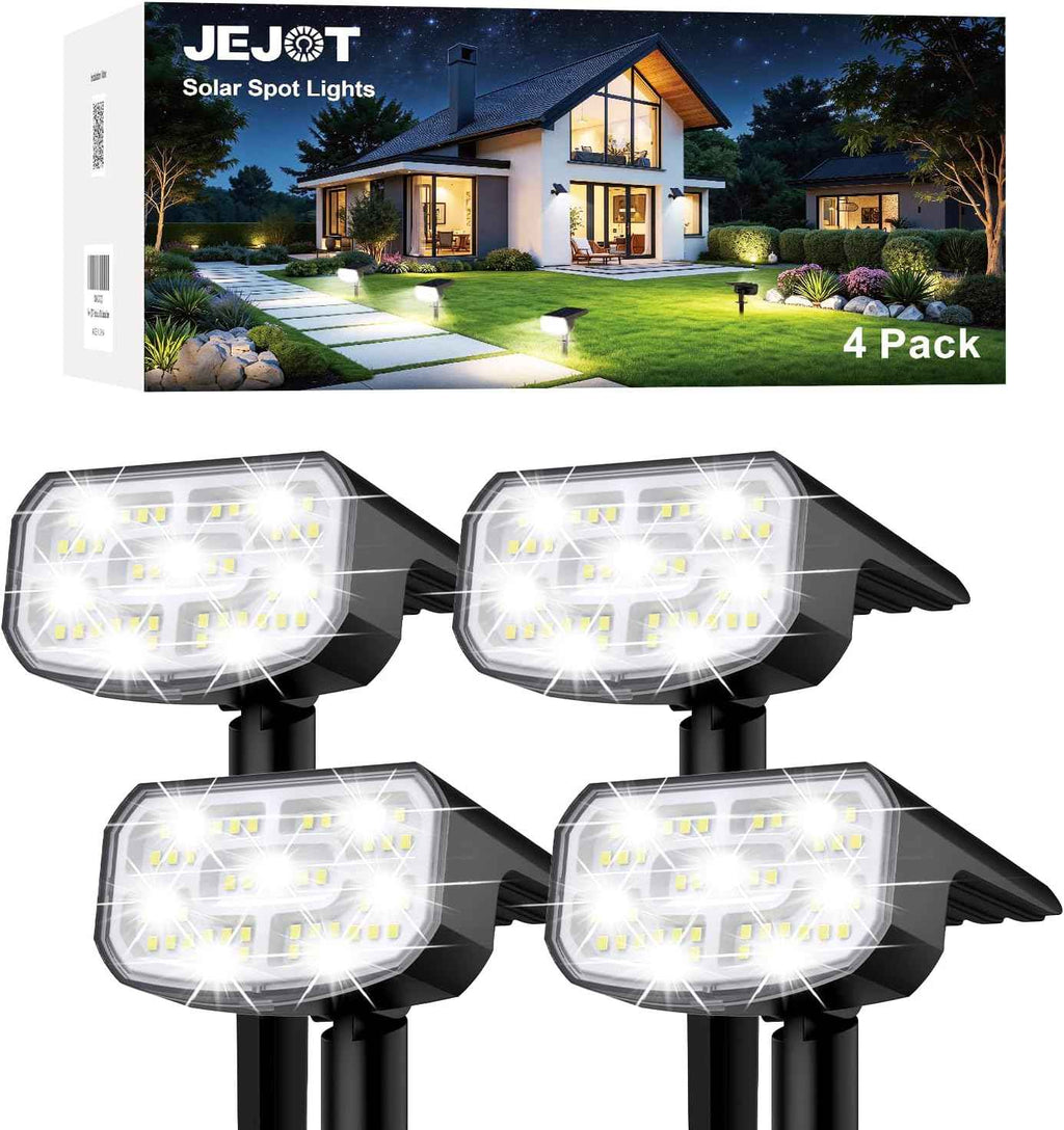 JEJOT Solar Spot Lights Outdoor Waterproof, Solar Spotlights, 4 Pack | 2 Lighting Modes, 120° Adjustable Solar Lights for Yard Garden Lawn Landscape Pathway, Cool White