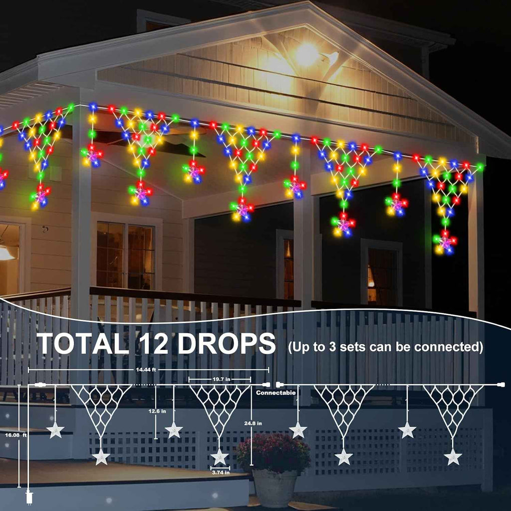 Outdoor Christmas Decorations Lights 13.8ft 200 LED Christmas Lights with 11 Stars,Dimmable Curtain Fairy Light with 8 Modes for Wedding Party Holiday Christmas Decor(RGB)