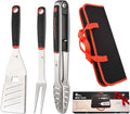 BBQ Tools Set, 4 PCS Heavy Duty Stainless Steel Spatula, Fork, Tongs with Portable Bag, Essential Accessories for Barbecue Outdoor Grill, Grilling Gifts for Men Dad Camp Chef
