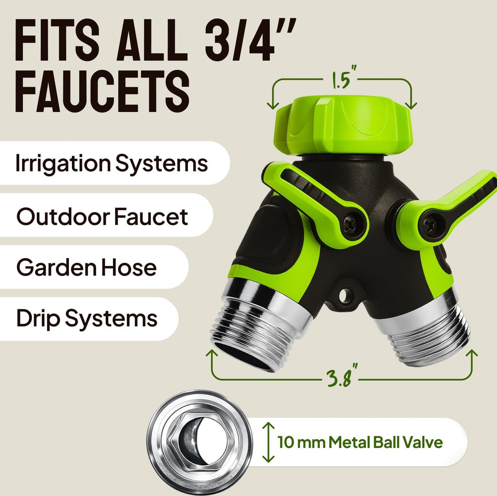 2 Way Hose Splitter Heavy Duty - Metal Y Garden Hose Splitter with Shutoff Valves, Brass Outdoor Faucet Adapter for Spigot, 3/4 Inch GHT Water Hose Connector - Green