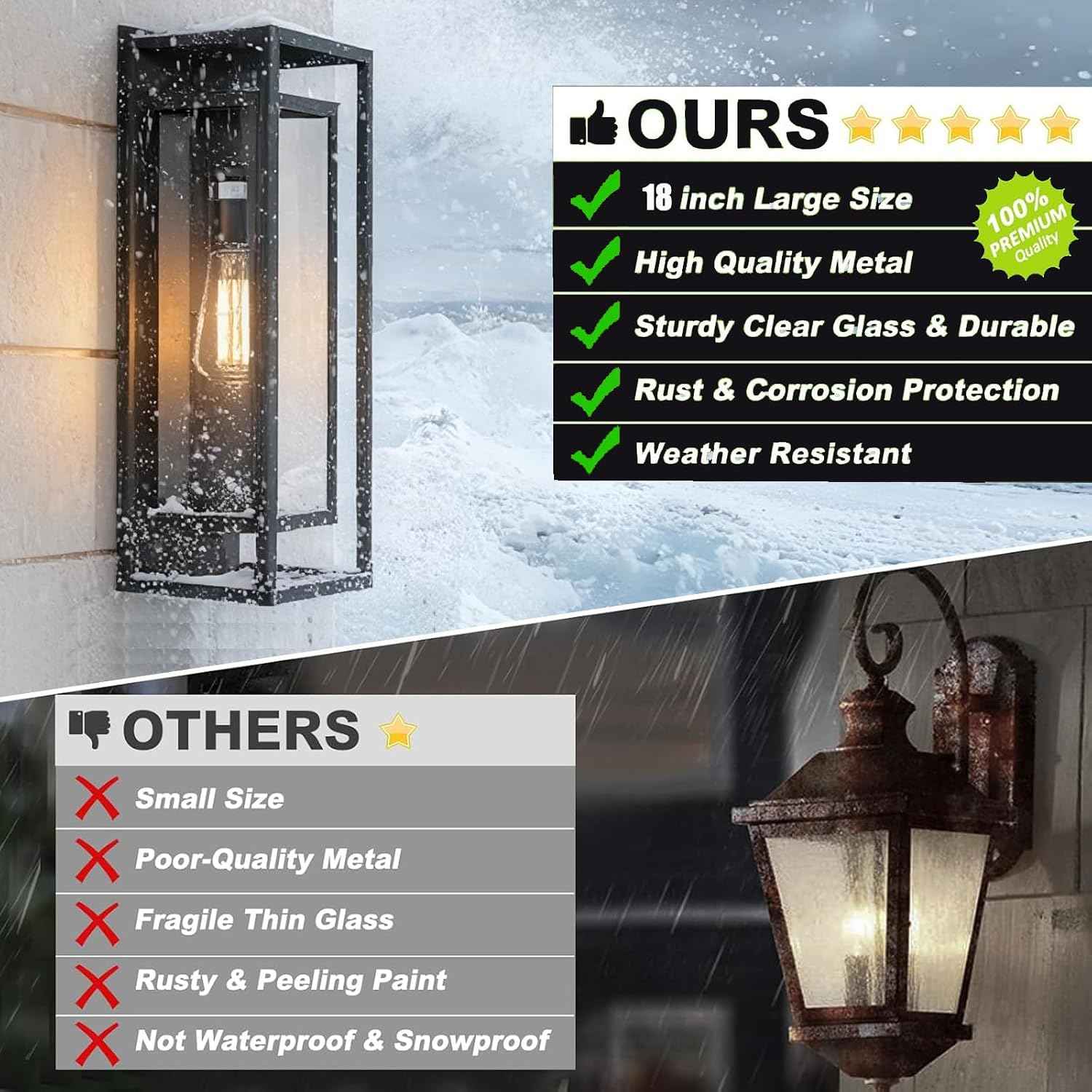 18 Inch 2 Pack Outdoor Wall Lantern Light Fixture，Large Black Exterior Wall Sconce with Clear Glass | Waterproof Anti-Rust Porch Light with E26 Socket for Entryway, Patio, Garage