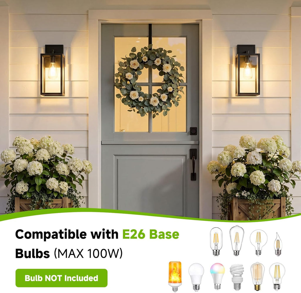 FOLKSMATE 13.46 inch Outdoor Wall Light Fixture Matte Black Waterproof | Large Outside Porch Lights, Durable Metal with Clear Glass Shade, E26 Socket, Exterior Wall Sconce Lanterns for House