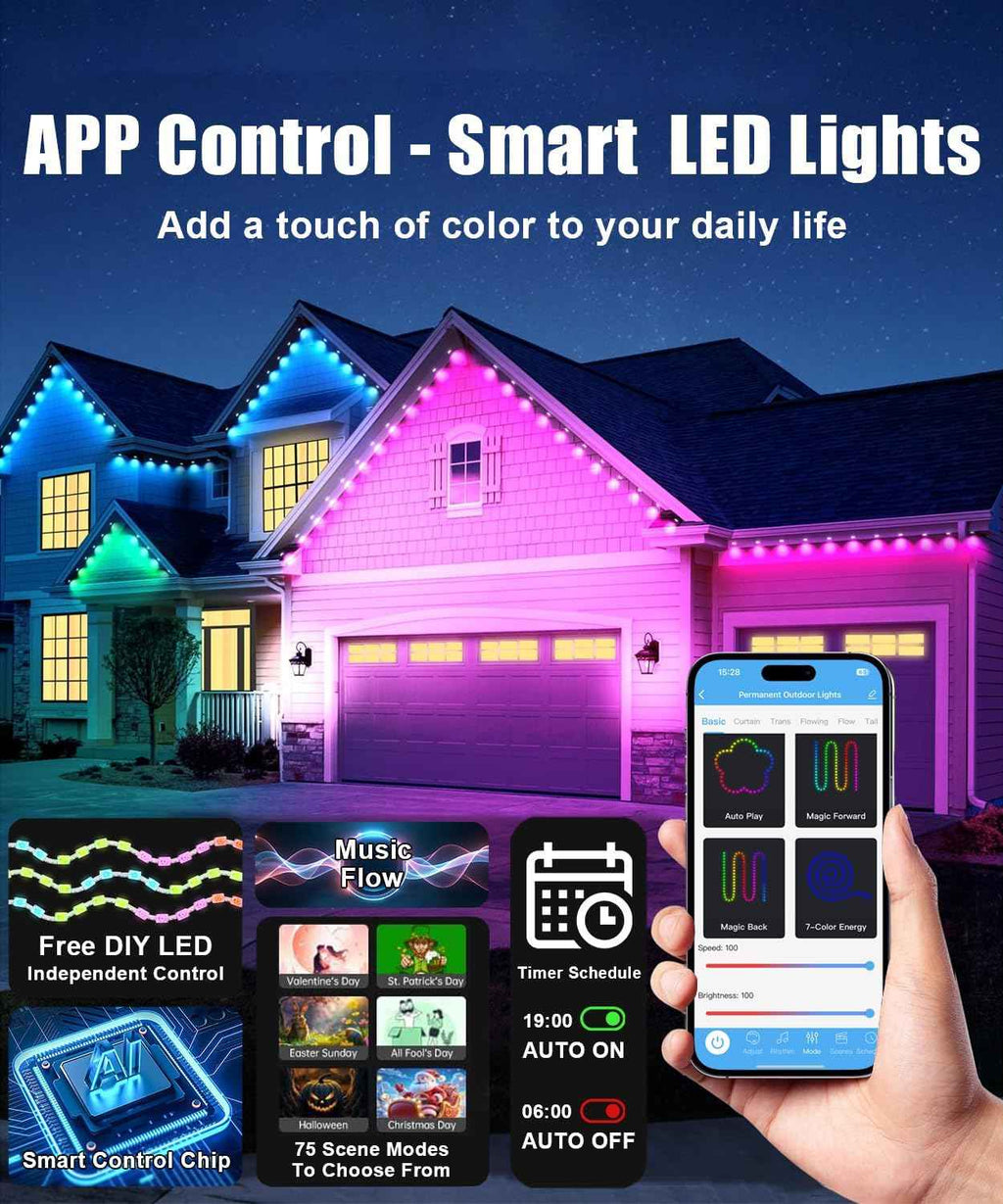 100ft Permanent Outdoor Lights for House, Smart RGB+IC Seasonal Decor | IP67 waterproof, app & remote control, 75 scene modes, 16M RGB+IC colors, warm & cool white, music sync, timer, holiday decor
