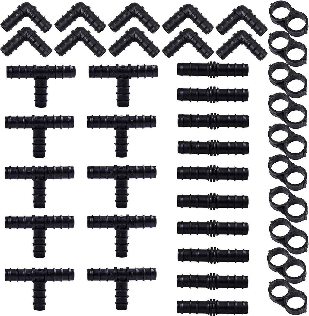 URATOT 40 Pieces Drip Irrigation Fittings Kit 1/2" Tubing Set, 10 Tees, 10 Couplings, 10 Elbows and 10 End Cap Plugs Drip Irrigation Barbed Connectors for Drip Sprinkler Systems