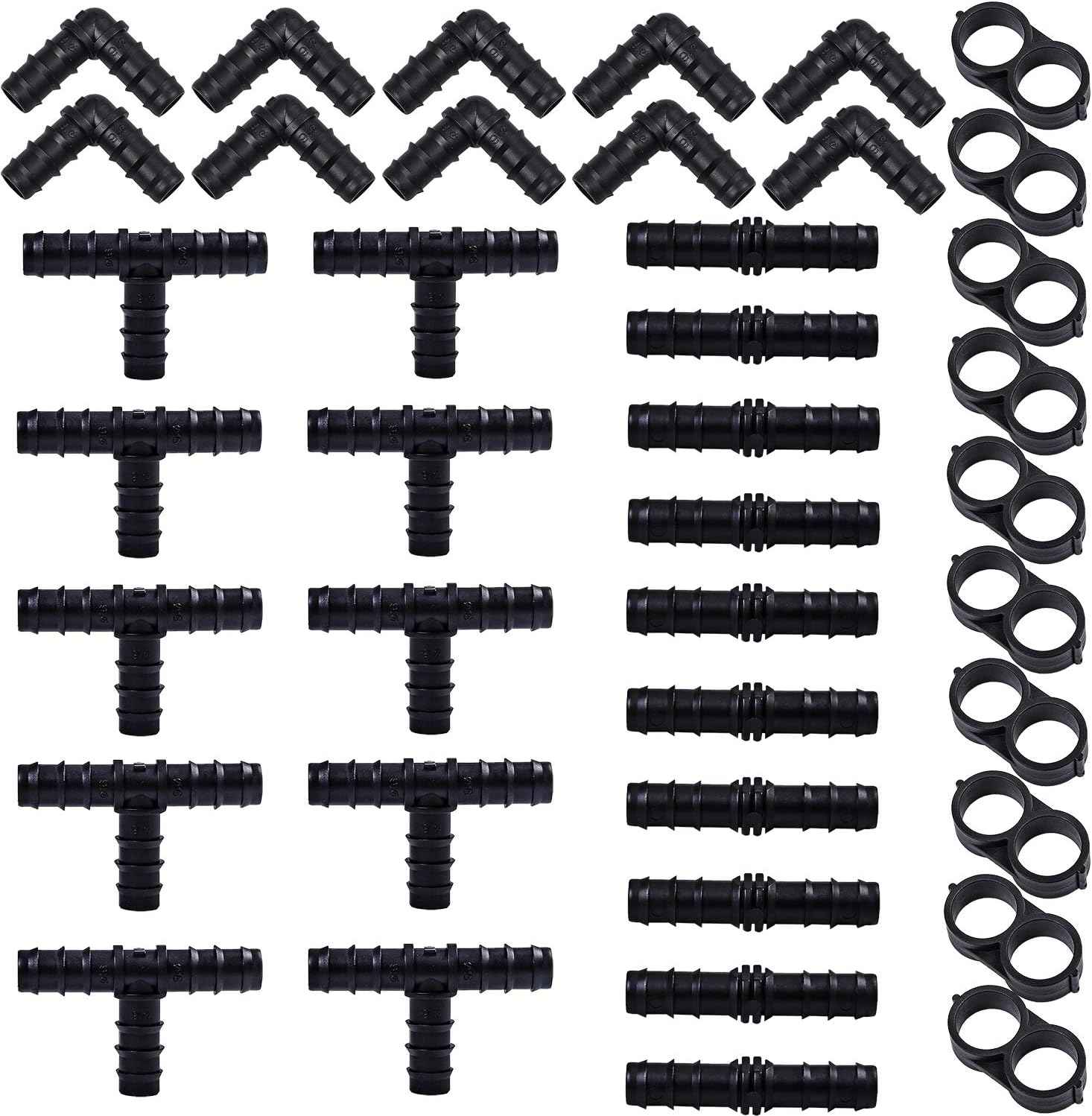 URATOT 40 Pieces Drip Irrigation Fittings Kit 1/2" Tubing Set, 10 Tees, 10 Couplings, 10 Elbows and 10 End Cap Plugs Drip Irrigation Barbed Connectors for Drip Sprinkler Systems