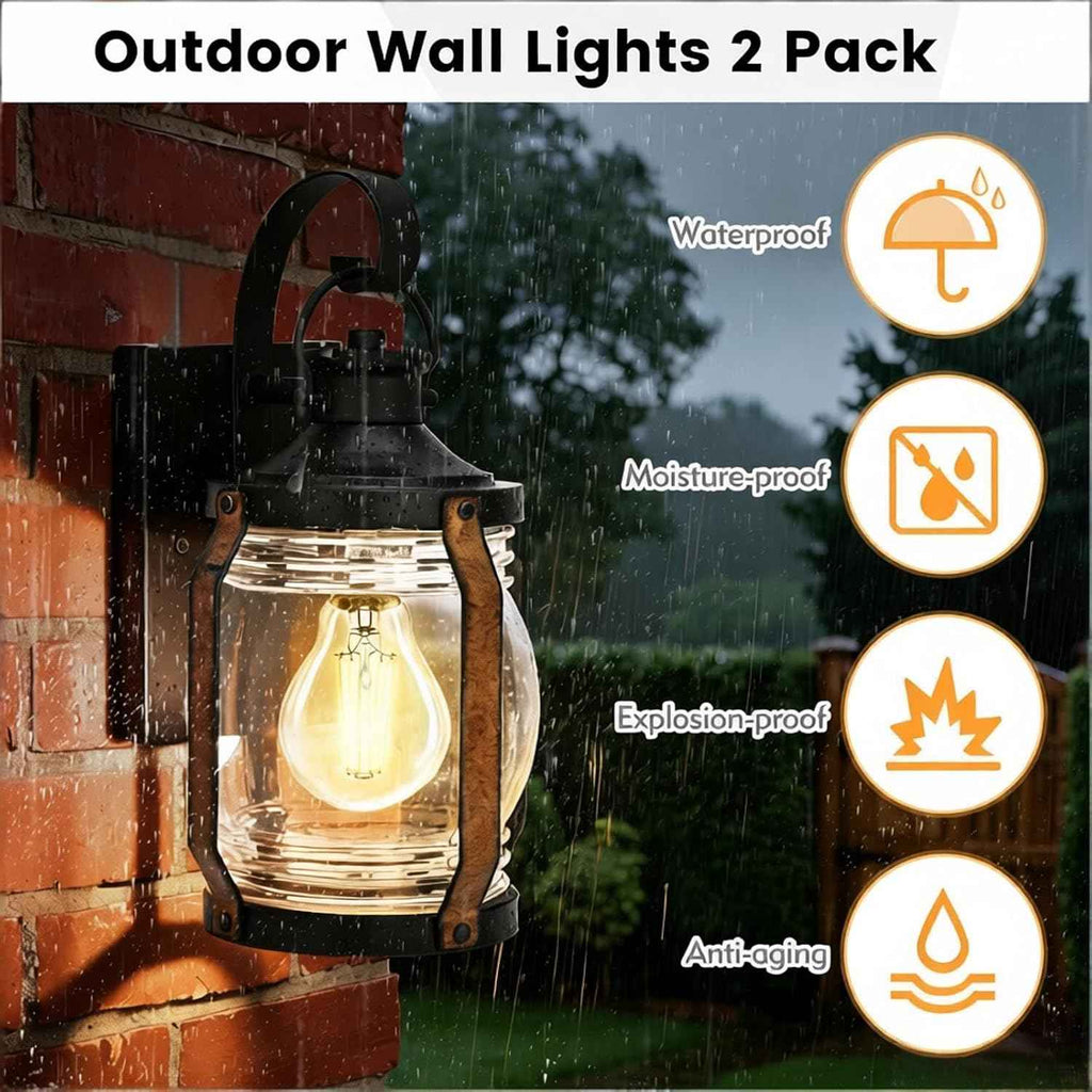 Outdoor Wall Lantern Lights, Black Exterior Wall Sconce Garage Light Fixtures, Farmhouse Outdoor House Lights Wall Mount, Decorative Front Porch Light Waterproof with Barnwood Accents & Glass, 2 Pack