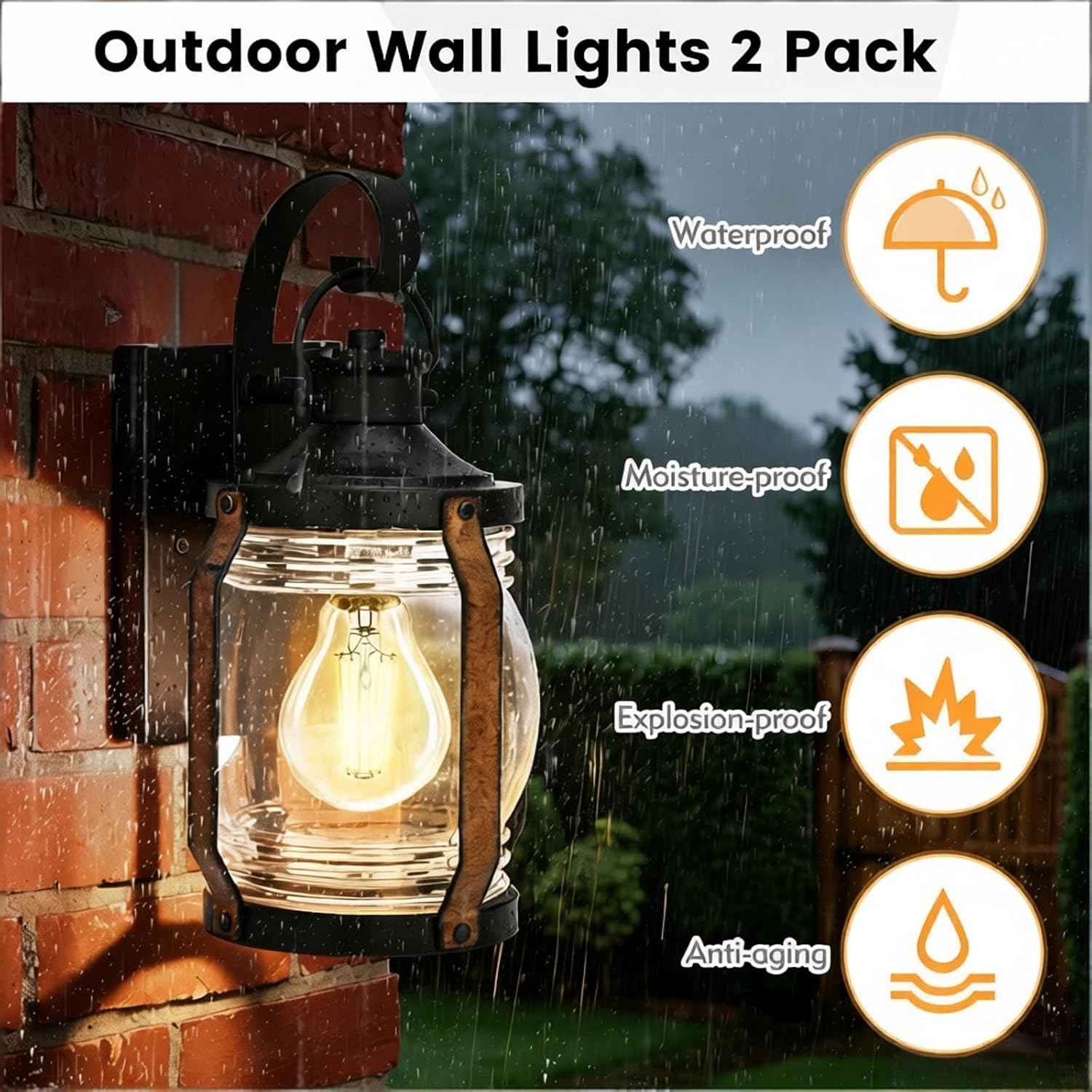 Outdoor Wall Lantern Lights, Black Exterior Wall Sconce Garage Light Fixtures, Farmhouse Outdoor House Lights Wall Mount, Decorative Front Porch Light Waterproof with Barnwood Accents & Glass, 2 Pack