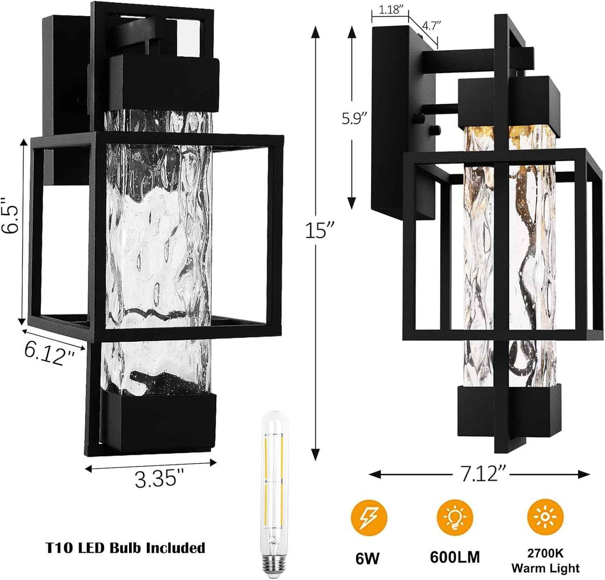 PARTPHONER Modern Outdoor Light Fixtures Dusk to Dawn Outdoor Lighting 2 Pack, 15" Exterior Wall Sconce Waterproof Porch Light, Outside Light for House with Water Glass for Garage Doorway