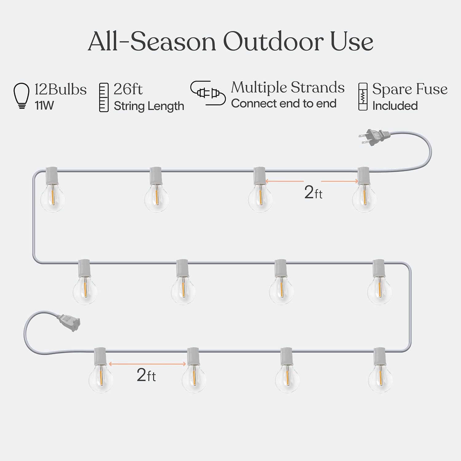 Brightech Ambience Pro LED String Lights - 26 Ft Commercial Grade Patio Lights Outdoor Waterproof - 12 Globe Porch String Lights for Outside, Backyard - 1W Vintage Edison Bulbs, Shine Bright, White