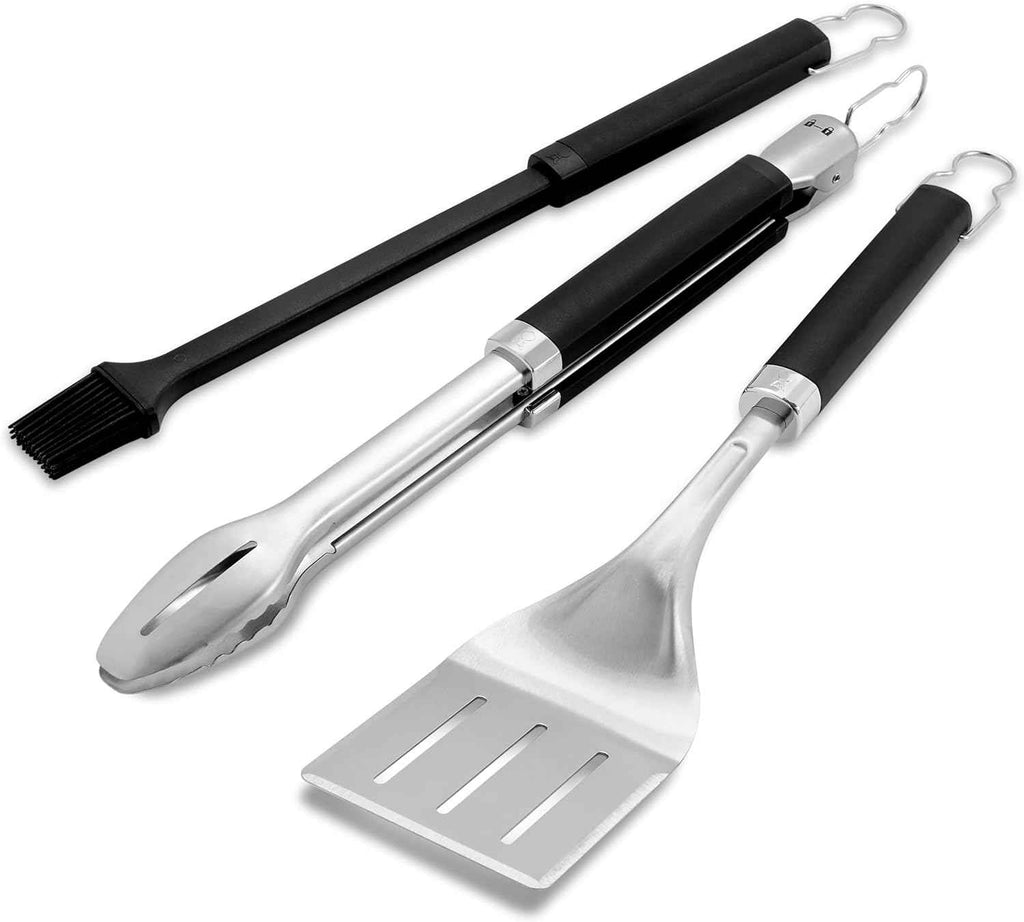 Weber® Precision Grilling Tool Set, 3‑Piece | Weber® Stainless-Steel Tongs, Spatula & Silicone Basting Brush w/ Non‑Slip Handles & Hands‑Free Locking - Grill Accessory Kit