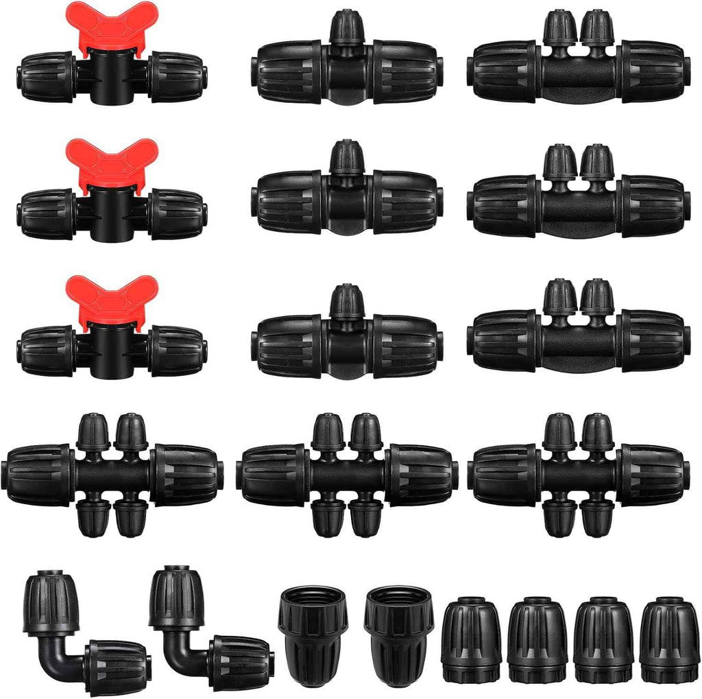 Rossesay 20 Pcs 1/2 Inch Tubing Drip Irrigation Fittings Kit for Drip Line Connectors Water Drip System Include 2 Elbow, 3 Switch Valves, 4 End Cap, 2 Couplings, 3 3 Way,3 4 Way,3 6 Way Connector
