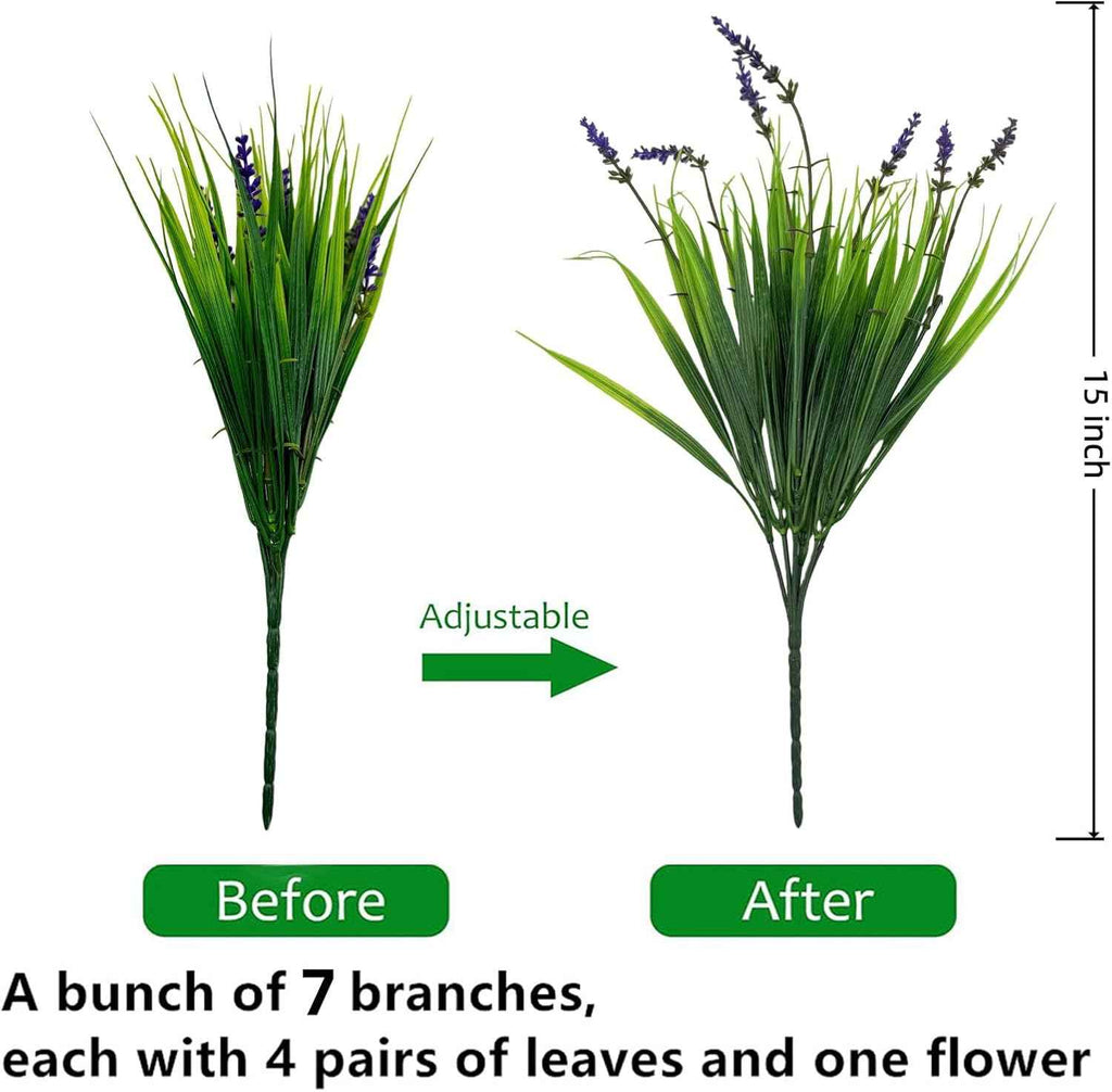 12 Bundles Artificial Grass Fake Plants，Outdoor Fake Monkey Tail Grass with Flowers for Pot UV Resistant Lavender Patio Garden Porch Home Window Hanging Planter Decor Faux Plastic Shrubs(Puper+Green)
