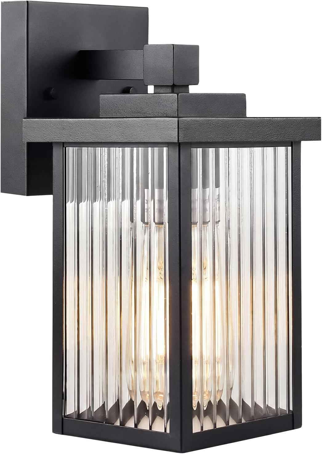 Black Wall Mount Porch Lights, Modern Outdoor Lighting Fixtures | 10.6 inch, Anti-Rust Metal Frame, Tempered Glass, E26 Socket, Pre-Assembled DIY Install for Porch, Garage, Front Door