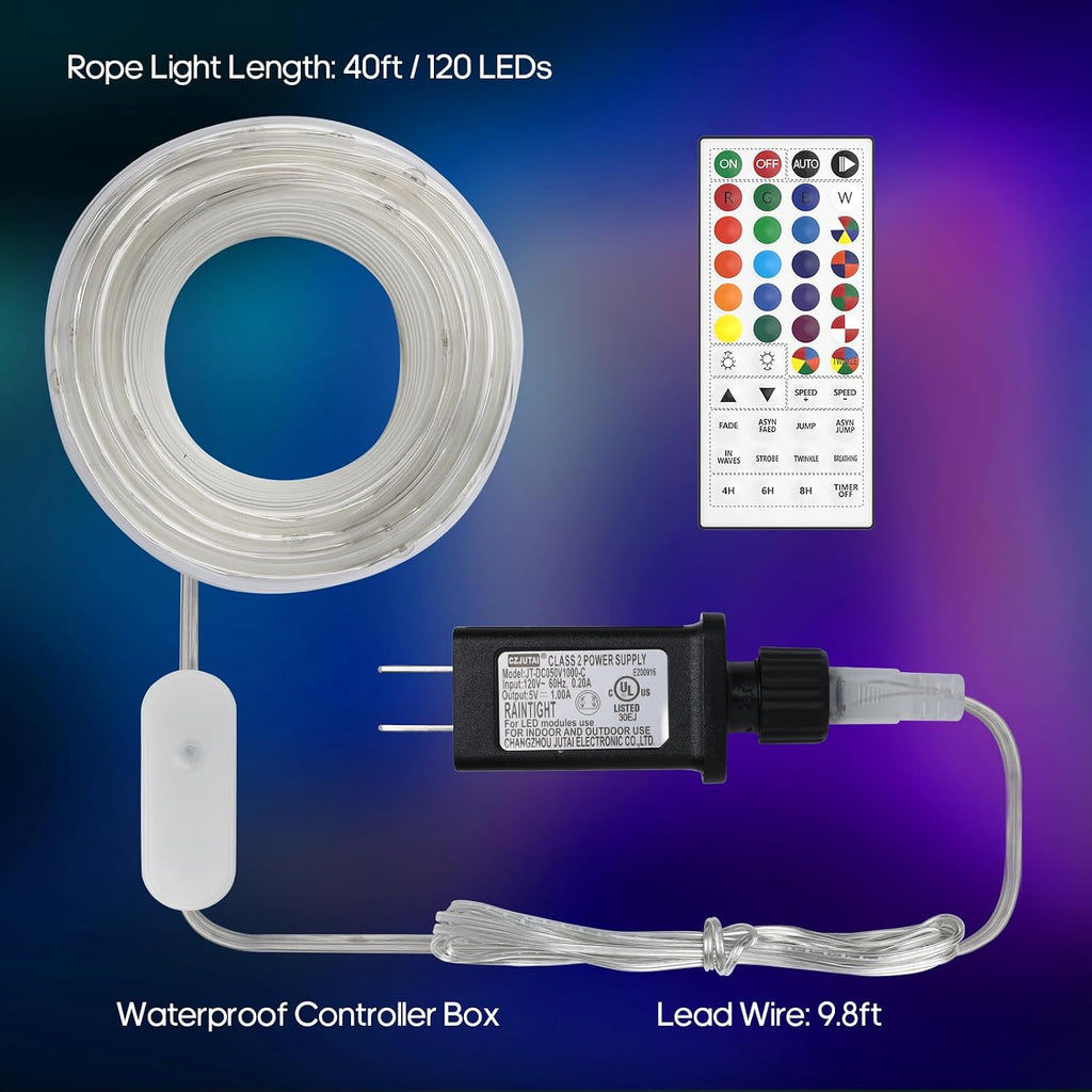 Rope Lights for Outside, 40FT 120LED Color Changing Not Connectable 5mm | 24 Colors RGB, with Plug & Remote, , Waterproof, Timer, for Christmas Halloween Party Camping DIY Tree Trampoline Decoration