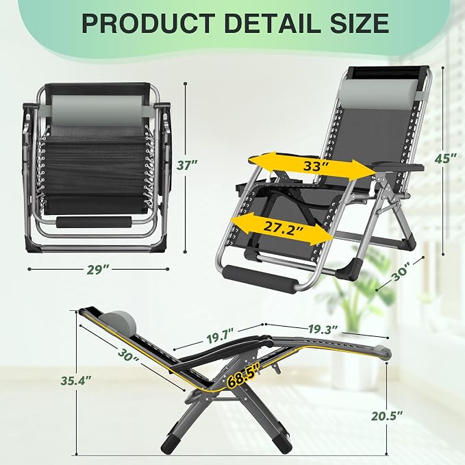 Suteck Oversized Zero Gravity Chair, 33In XXL Outdoor Recliner Chair - Image 2