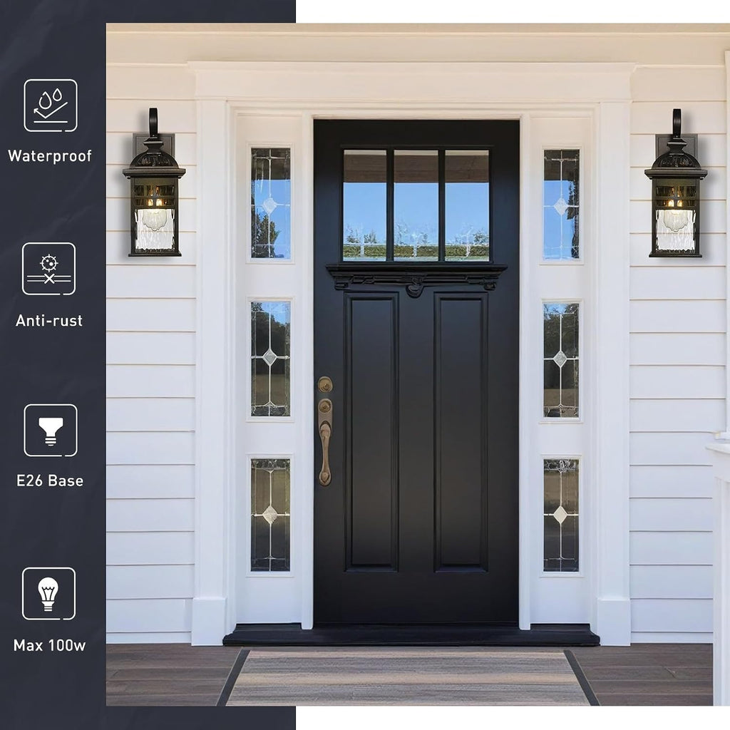 Porch Lights Outdoor Lighting Exterior Lighting Fixture | 15 Inch Height Black Outdoor Wall Lights Water Ripple Glass, E26 Socket