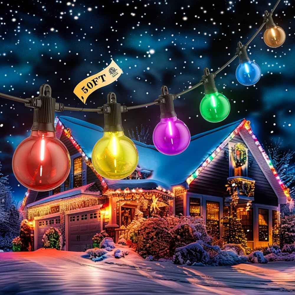 FOOMAN 50FT Christmas Outdoor String Lights, Colored Patio Lights | Waterproof IP65 Shatterproof Dimmable with 25 LED G40 Bulbs for Xmas Halloween Garden Backyard Yard Bistro Holiday