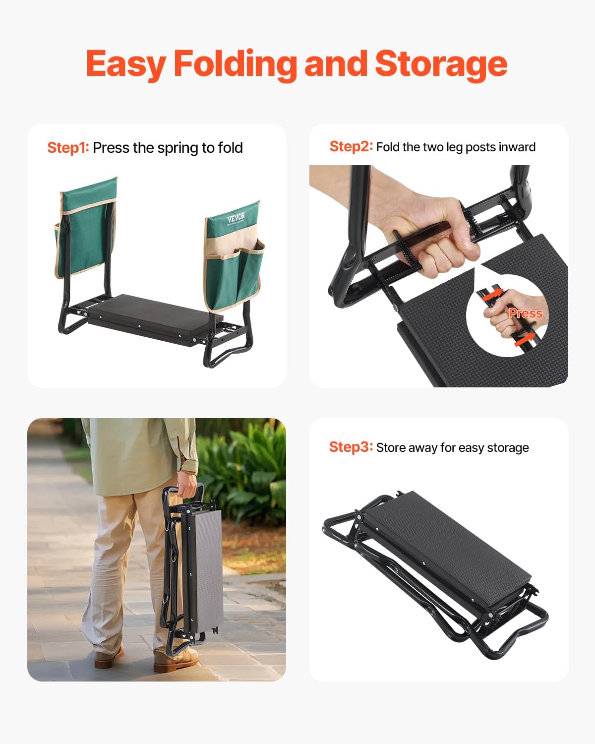 VEVOR Garden Kneeler and Seat Heavy Duty, Kneeling Bench for Gardening | Garden Stool with 8'' EVA Kneeling Pad and 2 Tool Bags, Garden Chair, Relieve Knee & Back Pain, Great Gifts for Seniors