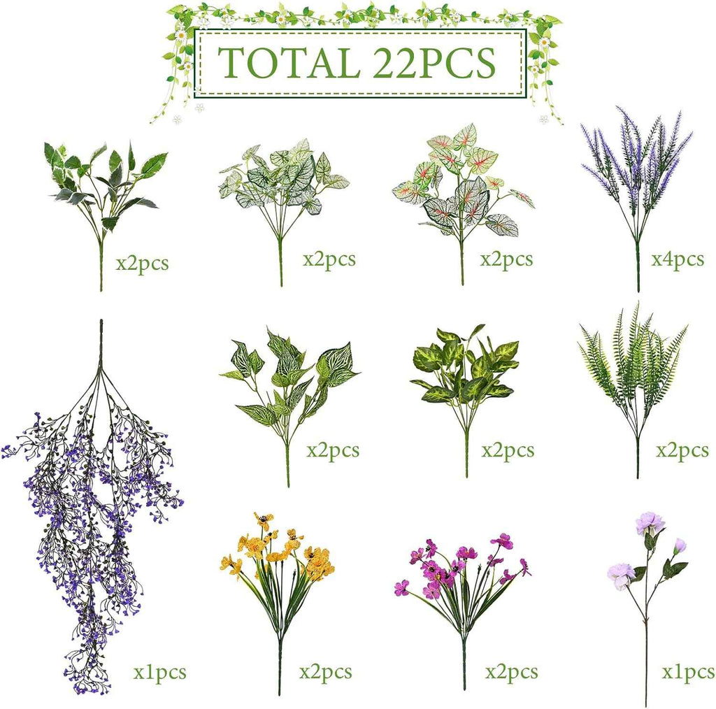 22Pcs Fake Greenery Stems Plants Outdoor UV Resistant Artificial Lavender Flowers fake bushes greenery shrubs for Indoor Outside Hanging Plants Garden Front Porch Patio Wedding Farmhouse Décor