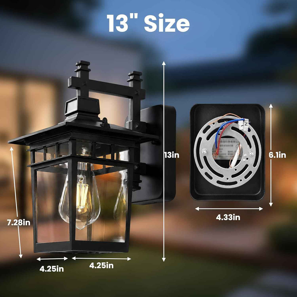 13'' Black Medium Outdoor Wall Light Fixture with Closed Bottom | Waterproof Outdoor Porch Lights with Clear Glass Lampshade for House, Garage, Patio, Weather Resistance, E26 Base