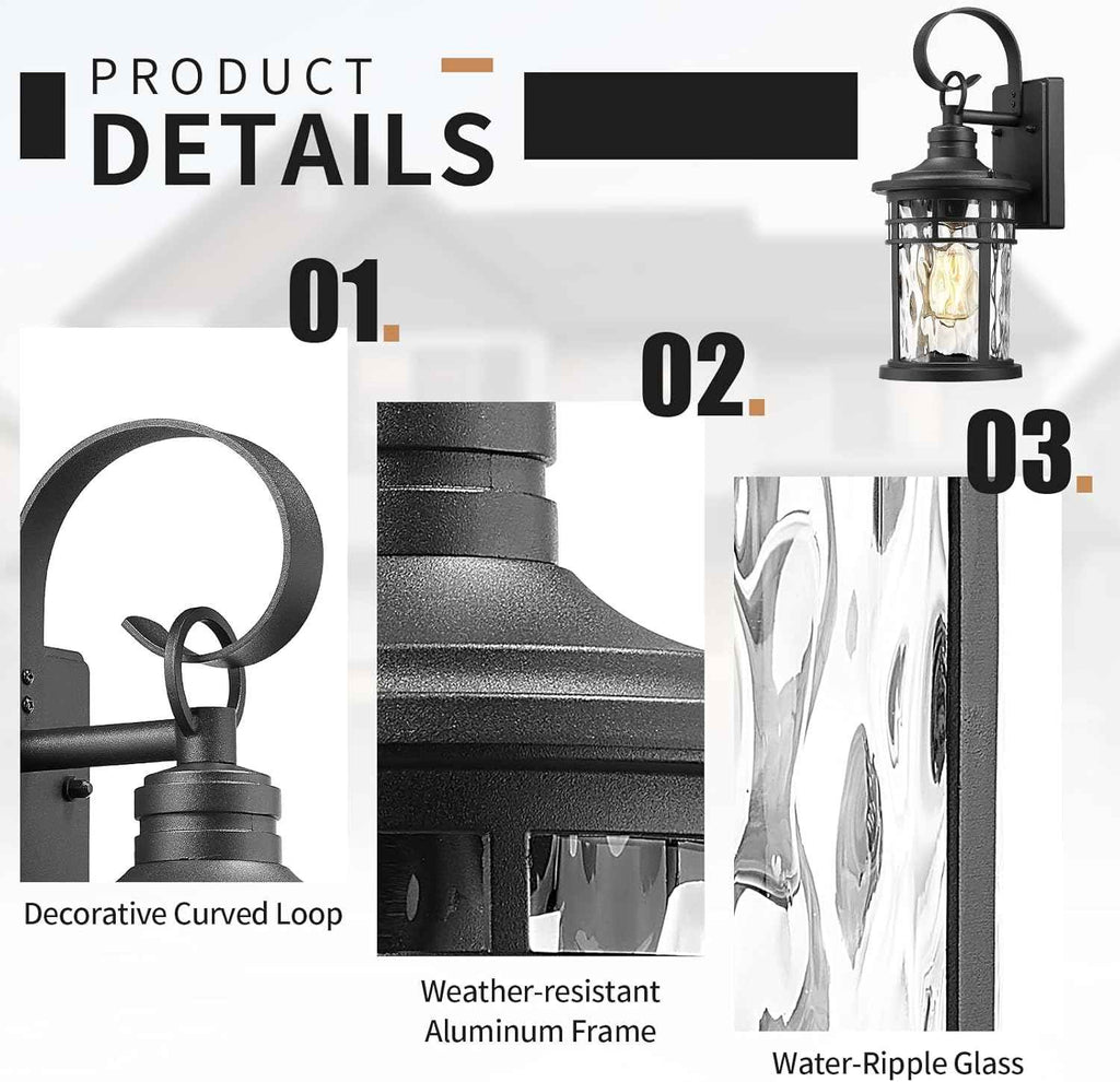 Darkaway Outdoor Wall Lights,Exterior Lighting Fixtures Wall Mount Porch Lights Waterproof Outdoor Sconce with Water Ripple Glass for House Patio Hallway Garage