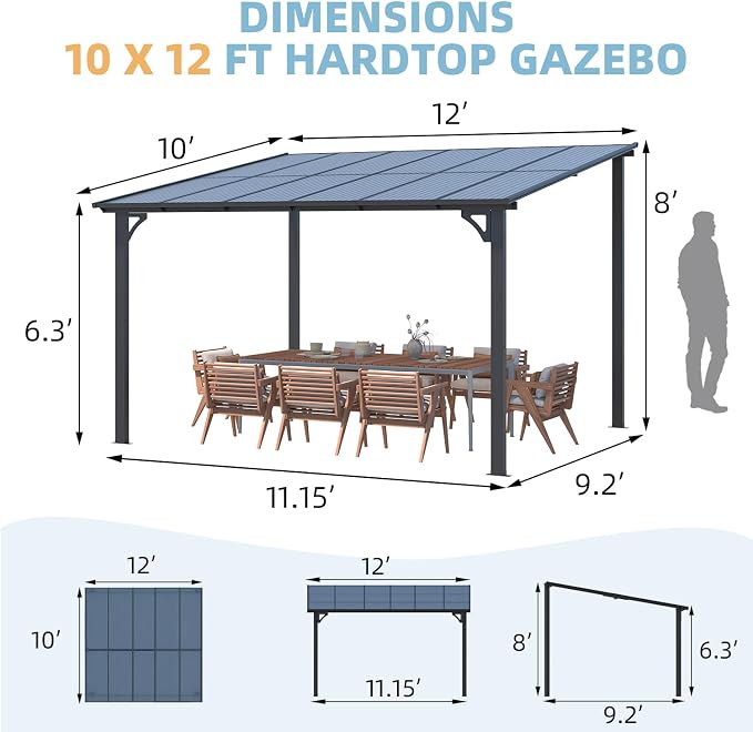 AECOJOY Wall Gazebo12’ x 10’, Hard Top Gazebos Pergola on Clearance, Outdoor - Image 7