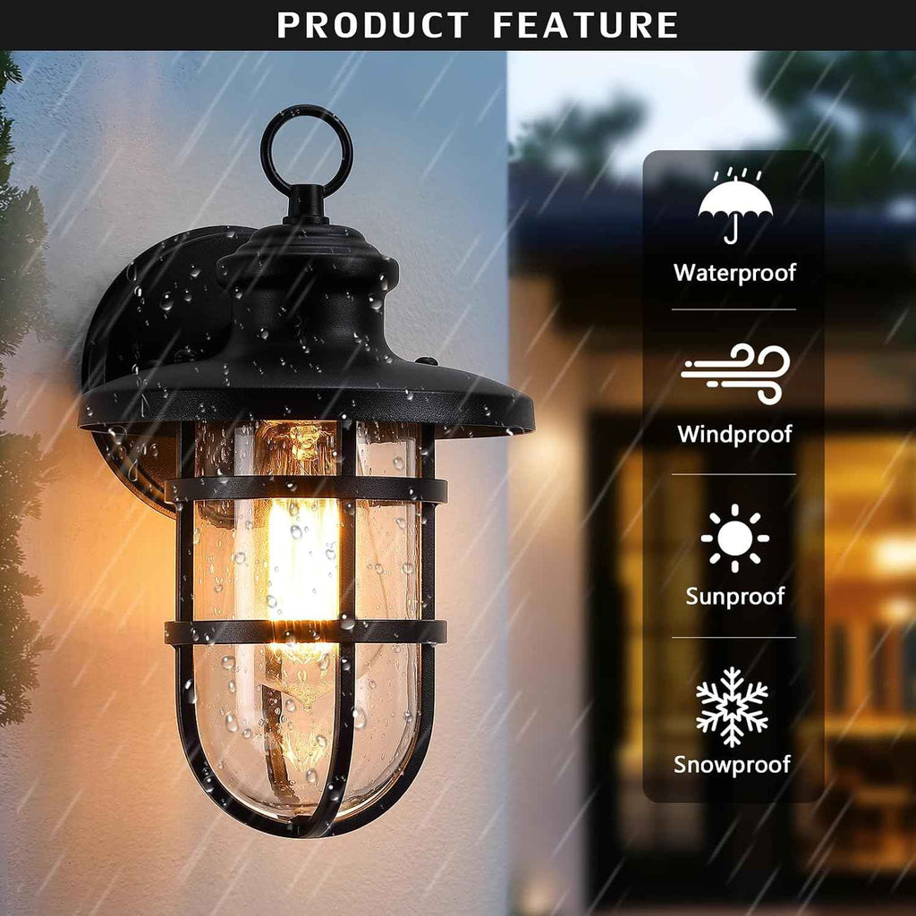 Outdoor Wall Lights Set of 2, Porch Light Fixtures with Seeded Glass | Rustic Coastal style, Industrial Nautical Metal Cage, E26 Base, Waterproof, Anti-Rust, Weather-Resistant, for Patio Garage