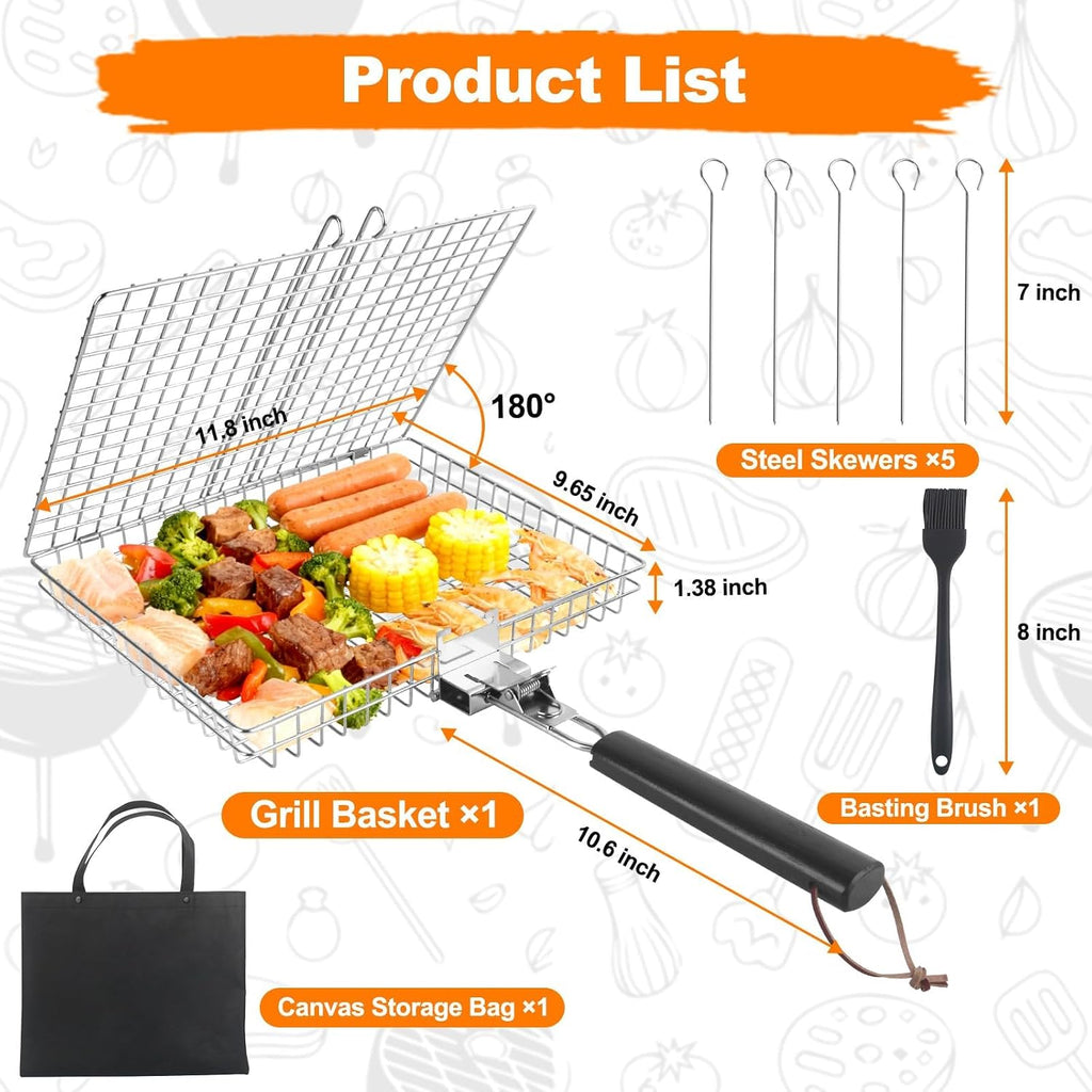 Fish Grill Basket for Outdoor Grill, Grilling Basket With Removable Handle, Portable BBQ Set Barbecue Rack for Shrimp Pork Veggies, Camping Grilling Accessories With Brush, Metal Skewers and Carry Bag