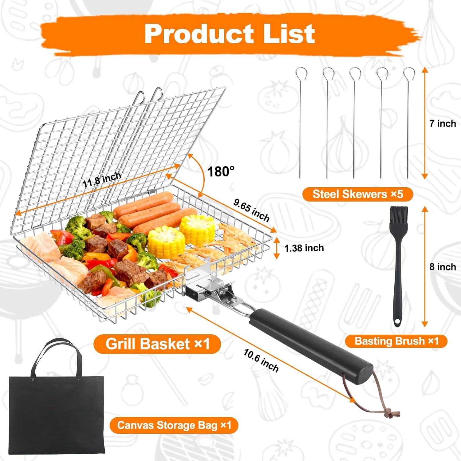 Fish Grill Basket for Outdoor Grill, Grilling Basket With Removable Handle, Portable BBQ Set Barbecue Rack for Shrimp Pork Veggies, Camping Grilling Accessories With Brush, Metal Skewers and Carry Bag