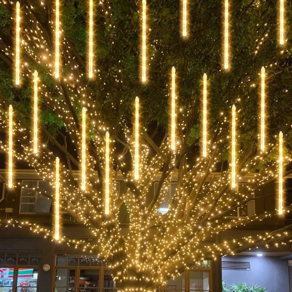 TW SHINE Christmas Meteor Shower Lights Outdoor, 864 LED 12" 24 Tubes Waterproof Christmas Lights Outdoor Plug in, Snow Falling Rain Icicle Xmas Light Decorations, Warm White