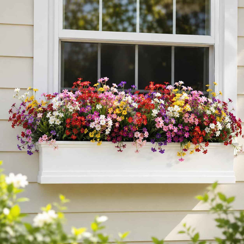 Artificial Flowers & Monkey Grass - 24 Pcs, Faux Floral Greenery 6 Colors | Flexible Stems for Easy Arrangement, Ideal for Planters, Porches, Patios & Farmhouse Decor. Pot & Window Box Not Included
