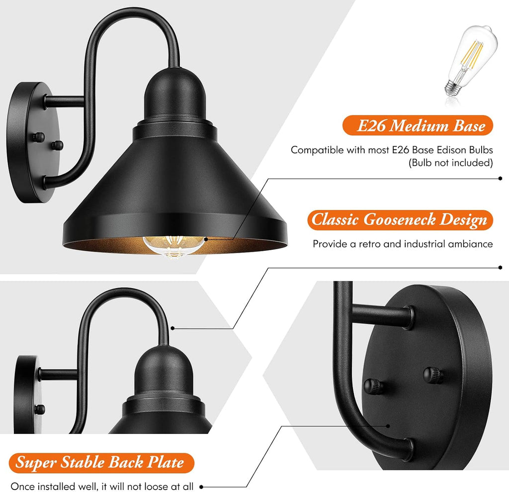 Brightever Gooseneck Outdoor Light Fixtures, 2-Pack Farmhouse Barn Lights for Porch, Industrial Black Exterior Wall Sconce for Garage, Patio, E26 Base Anti-Rust, Bulb not Included