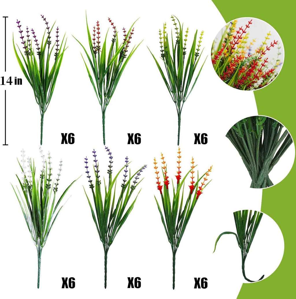 36 Pcs Artificial Plants Outdoor, UV Resistant Fake Outdoor Flowers Faux Plastic Monkey Greenery Grass for Front Porch Window Box Outside Garden Home Office Planters Desk Decor (Mixed Color)