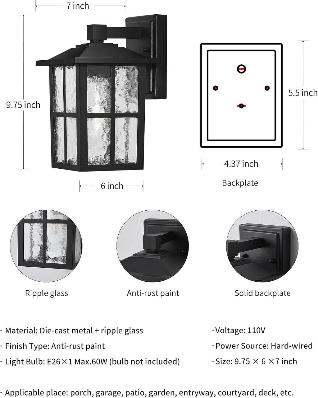 KDG Black Outdoor Waterproof Modern Patio Wall Light Fixtures Set of 2 | E26 Socket Exterior Lanterns & Sconce with Tempered Glass, Wall Mounted Lamps for Home, Front Door, Garden, Garage, Porch