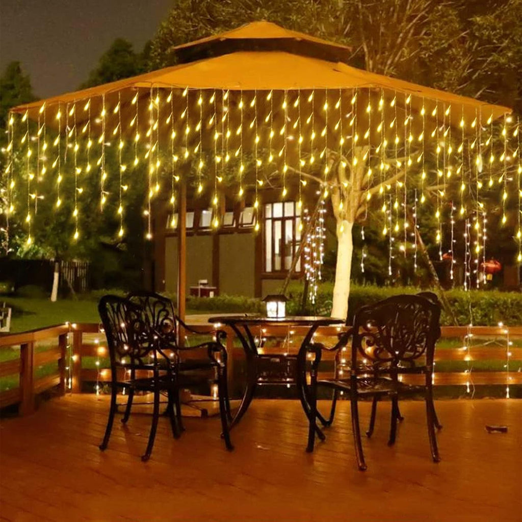 304 LED Solar Christmas Icicle Lights Outdoor Decorations, 8 Modes Waterproof Icicle Fairy Lights for Outside Holiday, Patio, Balcony, Christmas, Window, House Eaves Decorations, Warm White