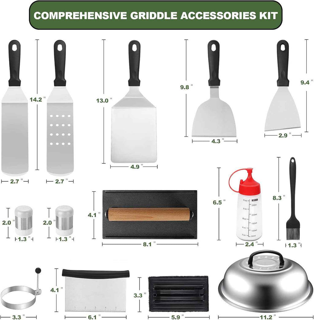 18PCS Griddle Accessories Kit, Flat Top Grill Accessories Set for Blackstone and Camp Chef, Grill Spatula Set with Enlarged Spatulas, Basting Cover, Scraper for Outdoor BBQ