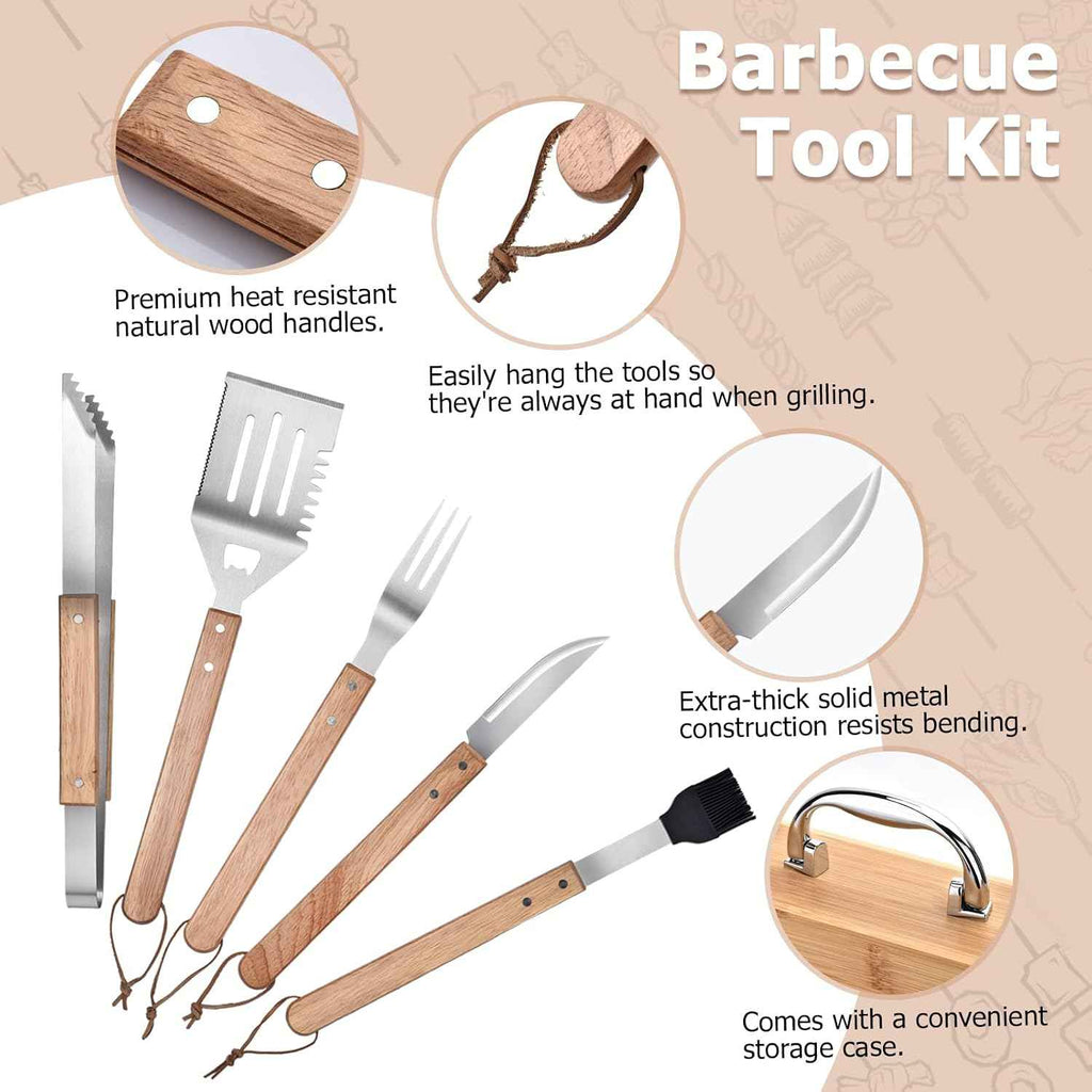 5-Piece BBQ Tools Set with Bamboo Case, Wooden Handle Stainless Steel Grill Accessories for Outdoor Cooking,Camping and Barbecue
