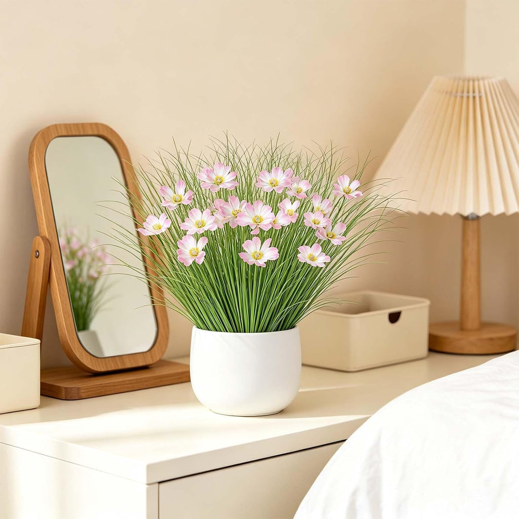 24 Bundles Artificial Onion Grass with Flowers Outdoor Tall Fake Shrubs | UXORSN UV Resistant Onion Grass with Pink Flowers Faux Greenery Stems Artificial Bushes for Garden Porch Window Box Decor