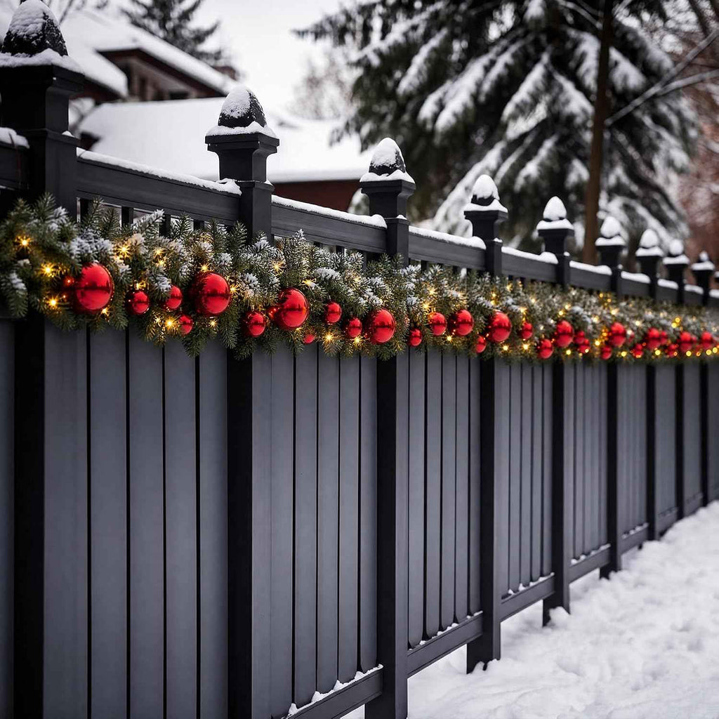 Knitgrip 2 Pack 9ft Christmas Garland Fence Decorations Outdoor with with Solar Light, 40 Pcs Red Balls Ornaments and 100 Pcs Cable Ties for Patio Eaves Railing Porch Door Staircase Yard Holiday