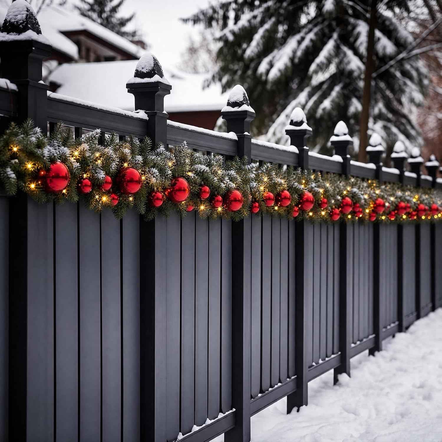 Knitgrip 2 Pack 9ft Christmas Garland Fence Decorations Outdoor with with Solar Light, 40 Pcs Red Balls Ornaments and 100 Pcs Cable Ties for Patio Eaves Railing Porch Door Staircase Yard Holiday