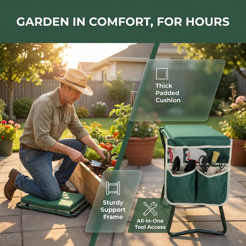 Garden Kneeler Tool Bag Stool, Foldable Garden Tool Bag Portable for Outdoor Gardening (Green)