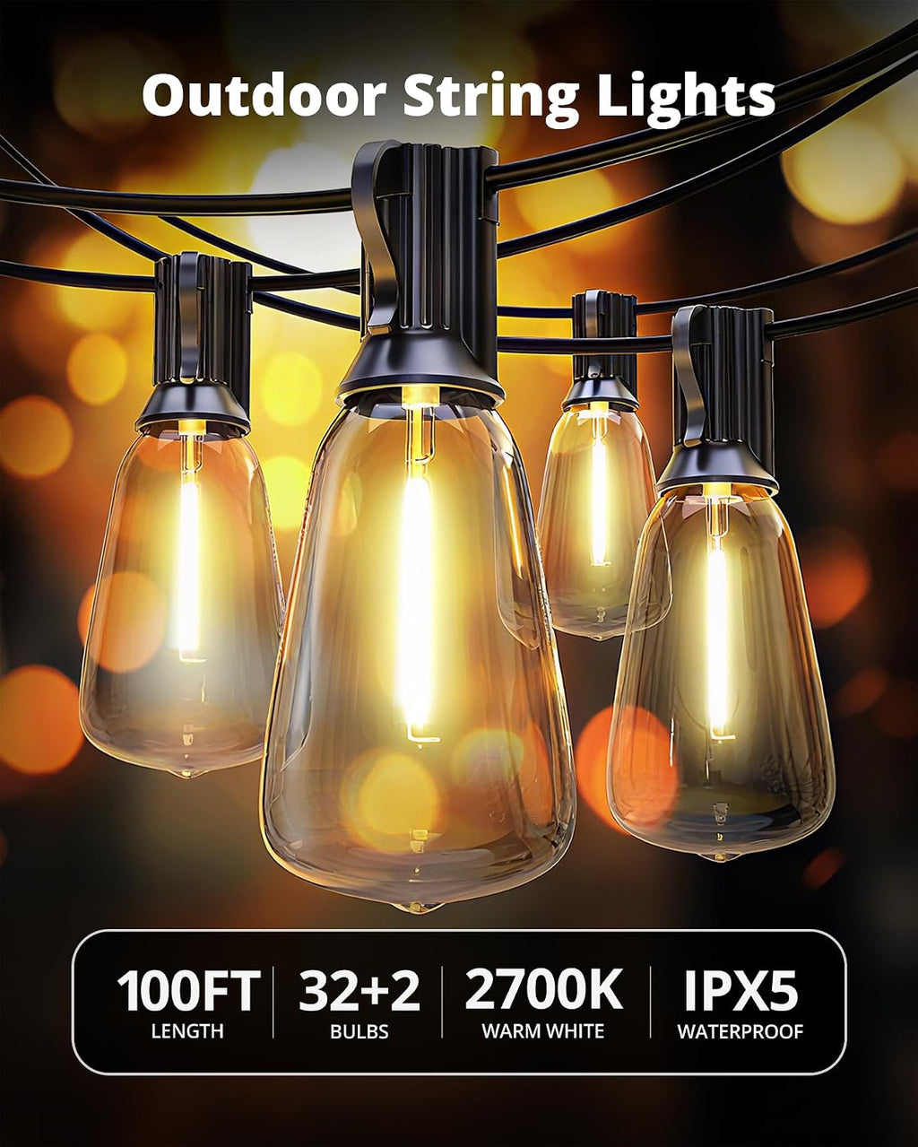 VIPAR Outdoor Lights,100FT ST38 Patio String Lights Waterproof for Outside | ETL, Vintage LED Edison Bulbs,Connectable, Shatterproof,Waterproof,2700KDimmable for Backyard Porch Balcony Garden Deck Decor