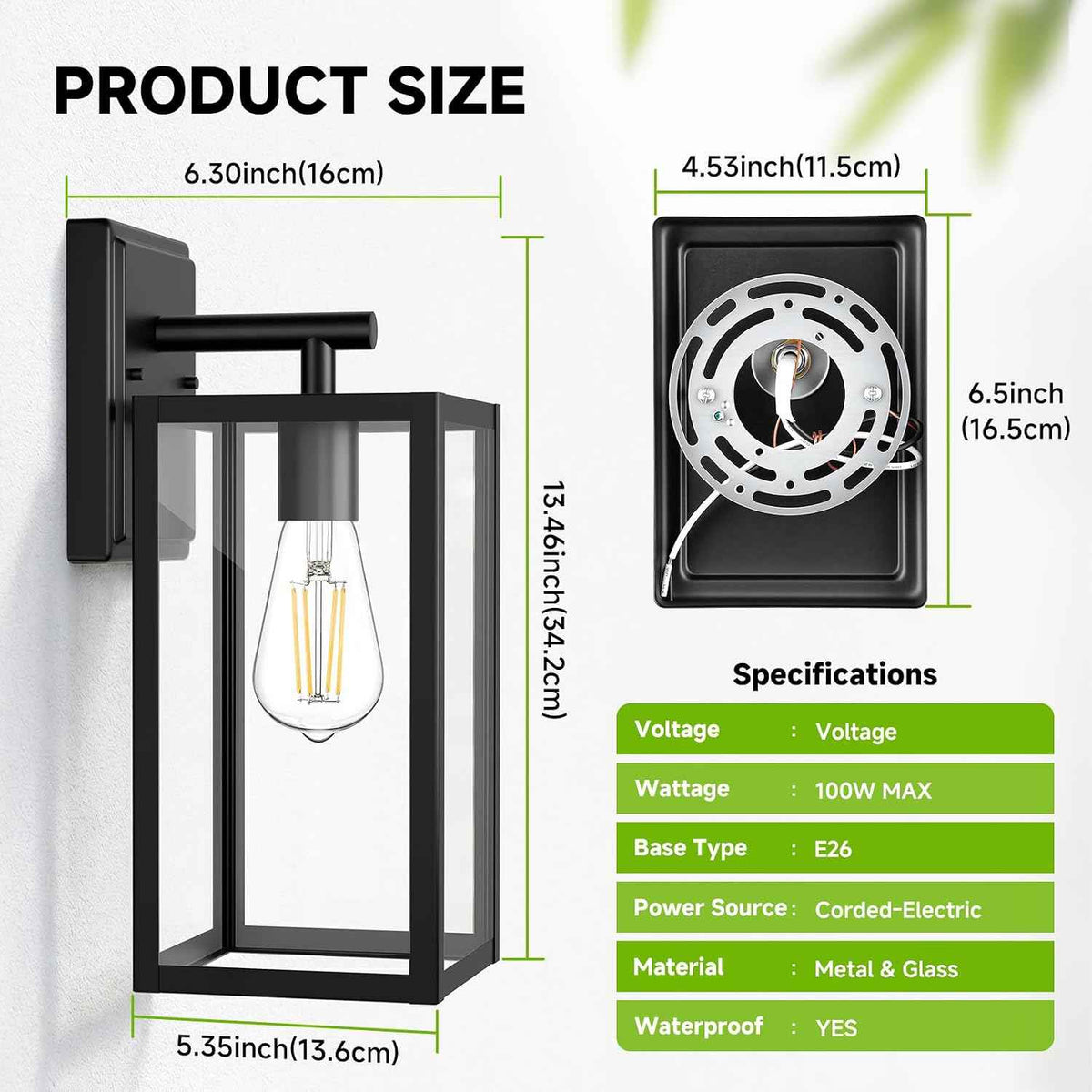 FOLKSMATE 13.46 inch Outdoor Wall Light Fixture Matte Black Waterproof | Large Outside Porch Lights, Durable Metal with Clear Glass Shade, E26 Socket, Exterior Wall Sconce Lanterns for House