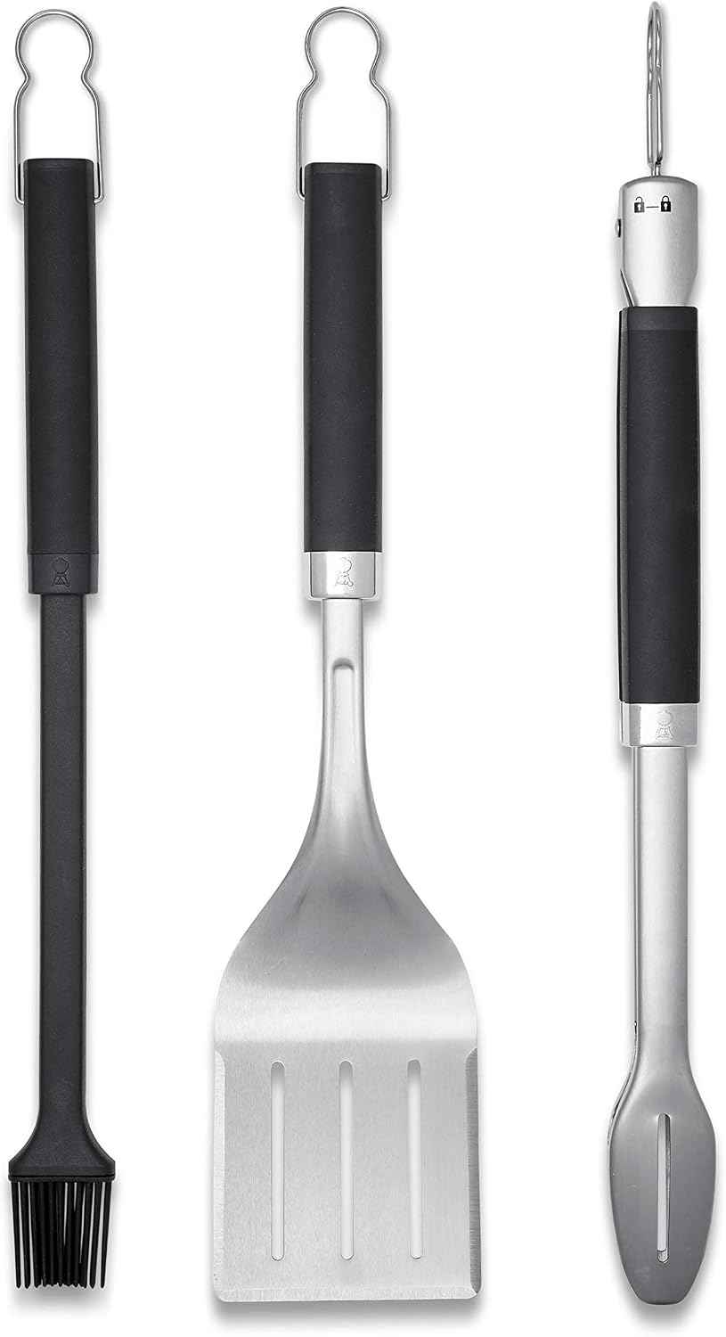 Weber® Precision Grilling Tool Set, 3‑Piece | Weber® Stainless-Steel Tongs, Spatula & Silicone Basting Brush w/ Non‑Slip Handles & Hands‑Free Locking - Grill Accessory Kit