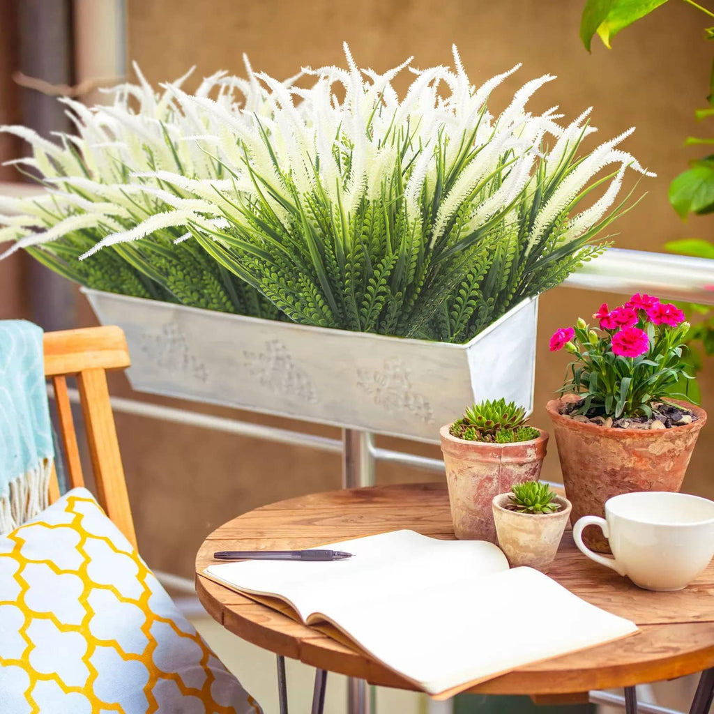 Grunyia 10 Bundles Artificial Plants Outdoor Fake Grass with Flowers UV Resistant Greenery Garden Porch Window Box Decorating (White)